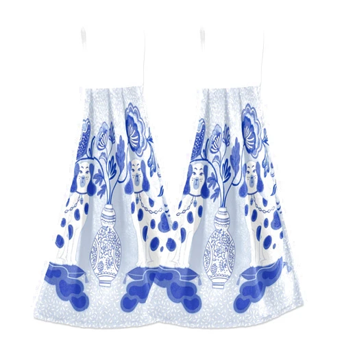 Pnyoin 2PCS Hanging Kitchen Towels, Dish Cloths for Washing Dishes Bathroom Home Kitchen Decor 12 x 17in(Blue Flower Dogs Style)