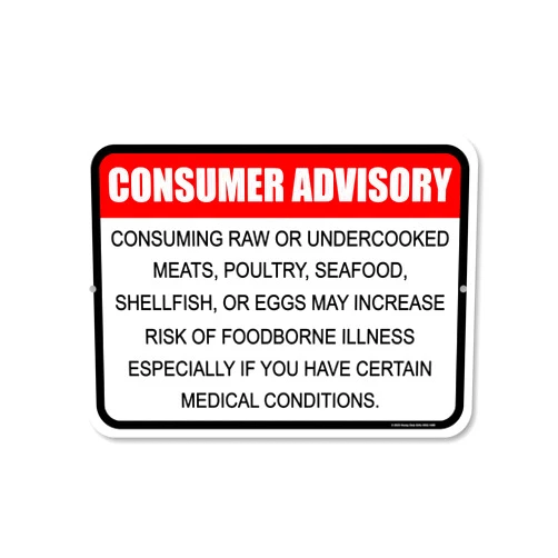 Honey Dew Gifts, Consumer Advisory Consuming Raw or Undercooked Meat May Increase Risk of Foodborne Illness, 12 inch by 9 inch, Made in USA, Metal Business Warning Signs, Restaurant Signs, HDG-1489