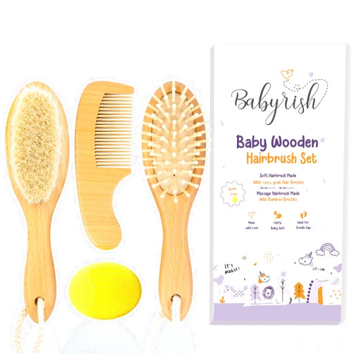 Babyrish Baby Hair Brush Set – Infant Hairbrush with Soft Goat Hair Bristles – Complete Baby Grooming Kit with Baby Comb, Wooden Massage Brush, Silicone Brush –Baby Registry Gift for Newborn Boy, Girl