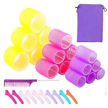 Sungenol Self grip hair roller set,Hair roller set 18 pcs,Heatless hair curlers,Hair rollers for Long hair,Medium and Short hair,Hair rollers with hair roller clips and comb,Salon hairdressing curlers,DIY Hair Styles, Sungenol 3 Sizes Hair Rollers in one set Rose red+Fluorescent yellow+purple