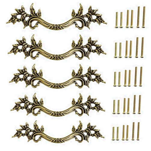JUXYES Pack of 5 European Style Vintage Cabinet Handles Pulls, Antique Decorative Dresser Drawer Pulls Retro Drawer Pull Handles Knobs for Cupboard Cabinet (Antique Bronze)