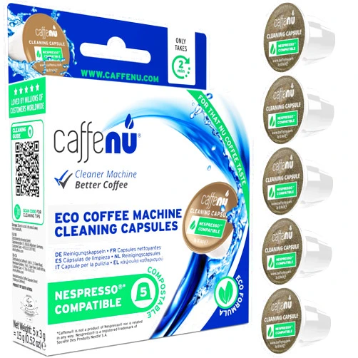 Caffenu Nespresso Compatible Cleaning Pods. 5 Eco Cleaner Capsules. Improved Coffee Flavour. For Nespresso Originaline, Use with Descaling Kit.