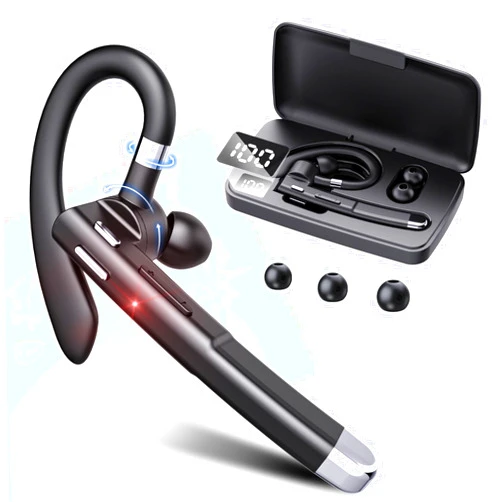 EUQQ Bluetooth Headset - Wireless Bluetooth Earpiece with Charging Case,120H Playback, Dualable Hands-Free Headphones with Built-in Mic for Work Trucker Office Meeting, Black