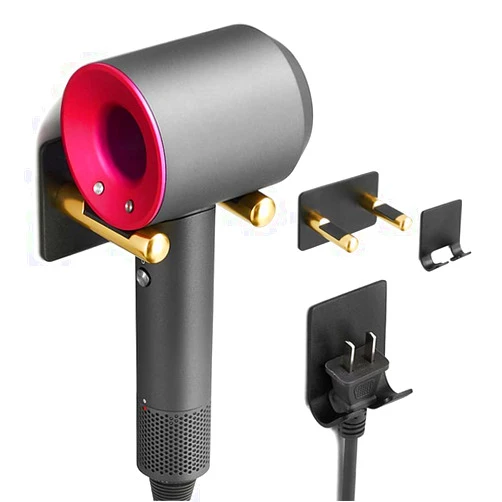 ROZZWILD Hair Dryer Holder Adhesive No Drill Wall Mounted Aviation Aluminum Alloy Blow Dryer Rack with Plug Bracket in Bathroom Barbershop Saloon Fit for Dyson and Most Hair Dryers