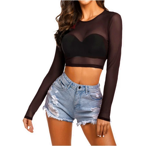 Avidlove Women Mesh Crop Top Long Sleeve See Through Shirt Sheer Blouse O Neck Clubwear S-4XL
