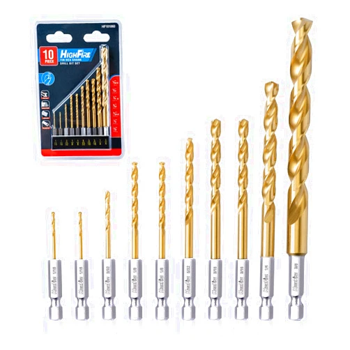 Highfire 10 Pieces Hex Shank Drill Bit Set for Impact Driver, HSS Twist Titanium Drill Bits for Metal, Hex Drive Quick Change Drill Bits Set