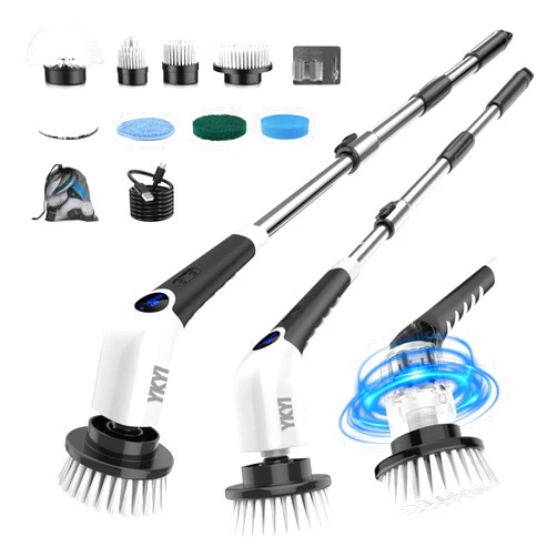 YKYI Cordless Electric Spin Scrubber, Power Cleaning Brush with 8 Replaceable Heads & Extension Handle for Bathroom, Tub, Tile, Floor, Grout, Car