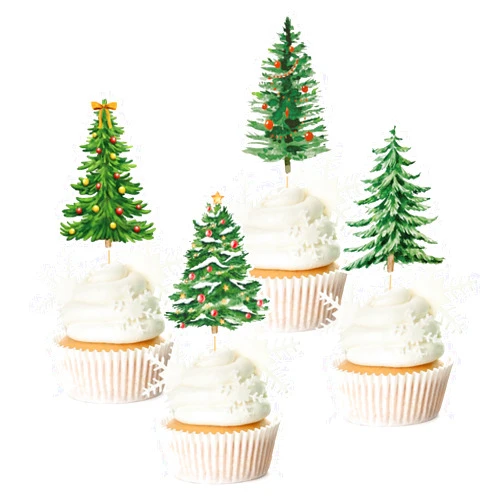 Whaline 48Pcs Christmas Tree Cupcake Toppers 4 Designs Watercolor Cake Decor Assorted Xmas Green Cupcake Toppers for Birthday Winter Holiday Party Supplies