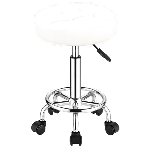 FNZIR Round Rolling Stools PU Leather Seat Height Adjustable Swivel Stool with Wheels White