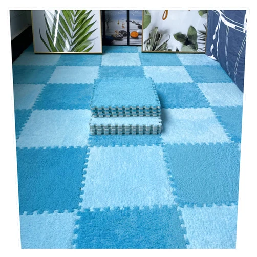 FYYSJW 20pcs Plush Interlocking Carpet Tiles, Thick Fluffy Square Foam Floor Tiles, Soft Puzzle Area Rug Playmat for Room Floor, 12x12inch(Color:Dark Blue+Light Blue)