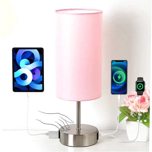 Yarra-Decor 【Upgraded Bedside Lamp with USB A+C Charging Ports & AC Outlet Touch Control Table Lamp for Girl Bedroom 3 Way Dimmable Nightstand Lamp with Pink Shade for Home, Dorm(Bulb Included)