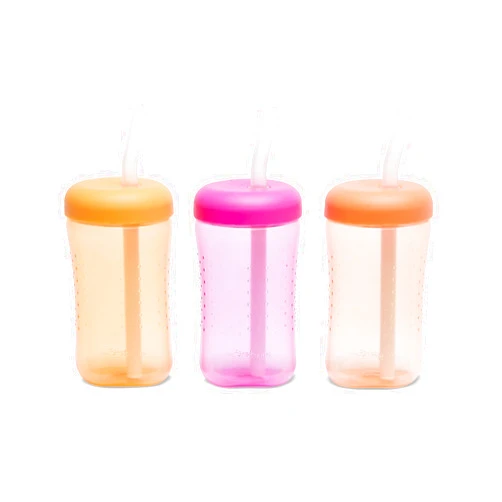 The First Years Squeeze & Sip Toddler Straw Cups - Squeezable Transition Sippy Cup with Silicone Straw - Toddler Feeding Supplies - Yellow/Pink/Orange - 7 Oz - 3 Count - Ages 6 Months and Up