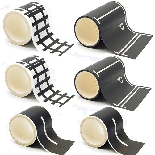 dspitwod Road Tape for Toy Cars Trains Play 6-Pack Black Car Track Tape, Parking Spot Stick to Floors and Table Flat Surface,No Residue, for Kids Gift (TAPE6)