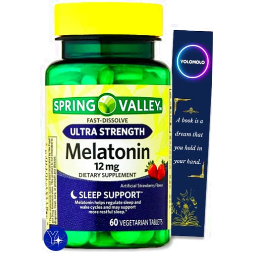 YOLOMOLO Ultra Strength Melatonin Sleep Support Spring Valley Dietary Supplement Fast-Dissolve Tablets, 12 mg, 60 Count and Bookmark Gift of YOLOMOLO