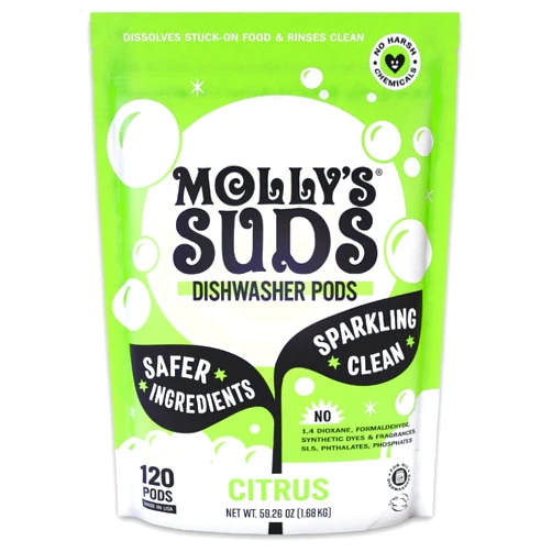 Molly's Suds Dishwasher Pods | Clean Dishwasher Detergent, Cuts Grease & Rinses Clean (Residue-Free) for Sparkling Dishes | 120 Auto-Release Tabs (Citrus)