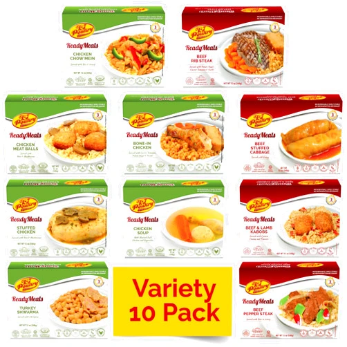 KJ Poultry Kosher MRE Meat Meals Ready to Eat (10 Pack Variety - Beef, Chicken & Turkey) Prepared Entree Fully Cooked, Shelf Stable Microwave Dinner - Travel, Military, Camping, Emergency Survival Protein Food