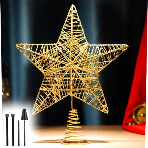 HORSE SECRET Christmas Tree Topper Star, Xmas Glitter Gold Metal Hollow Star Tree Topper with Holder, Rustic Vintage Lightweight Christmas Tree Star Decorations for Home Holiday Party Indoor Seasonal Decor