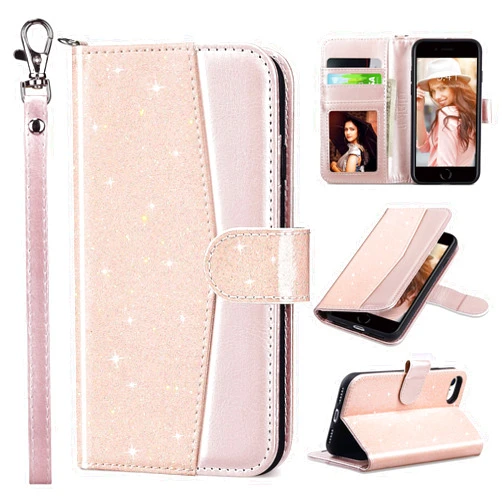 ULAK Case for iPhone SE 3 Wallet 2022, iPhone 8 Wallet, iPhone SE Wallet 2020, iPhone 7 Flip Case, PU Leather Kickstand Card Holder Protective Cover for iPhone 7/8/iPhone SE 2nd 3rd Gen, Pink Glitter
