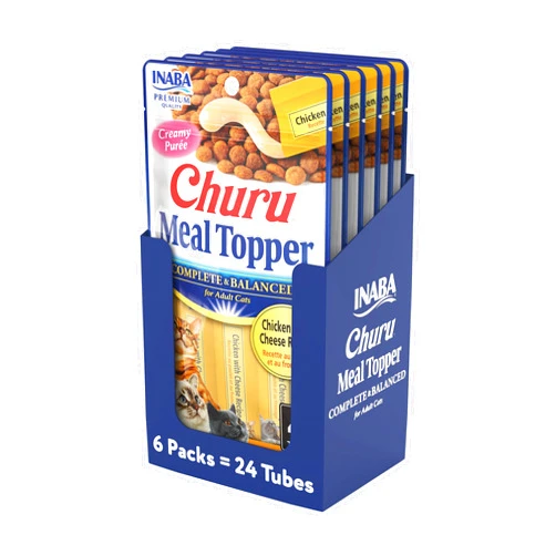 INABA Churu Meal Topper for Cats, Complete & Balanced, Creamy, Lickable Purée Cat Food Topper, 0.5 Ounce Tube, 24 Tubes (4 per Pack), Chicken with Cheese Recipe