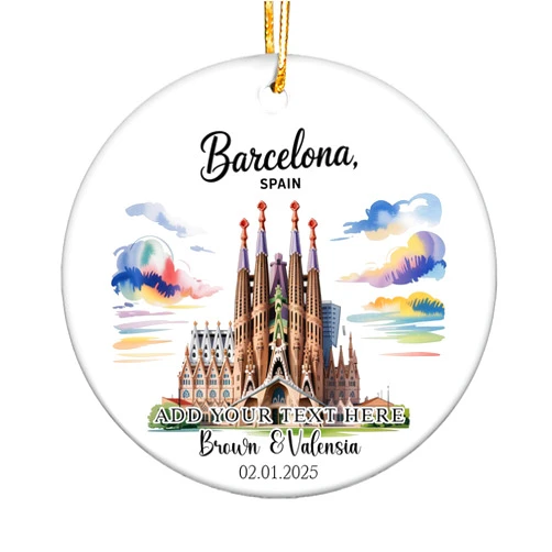 Custom Ceramic Ornament – Sagrada Familia in Barcelona Spain Travel Souvenir – Personalized Christmas Decoration, Custom Holiday Ornament Gift for Couples, Family, Friends, Vacation Keepsake GJeuEl