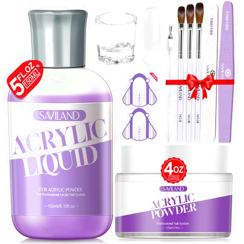 SAVILAND 9 OZ Acrylic Nail Kit - 4 OZ Clear Acrylic Powder and 5 OZ Acrylic Liquid with Acrylic Brush Nail Forms for Manicure Application Extension Nail Kit for Starters with Everything Home DIY Salon