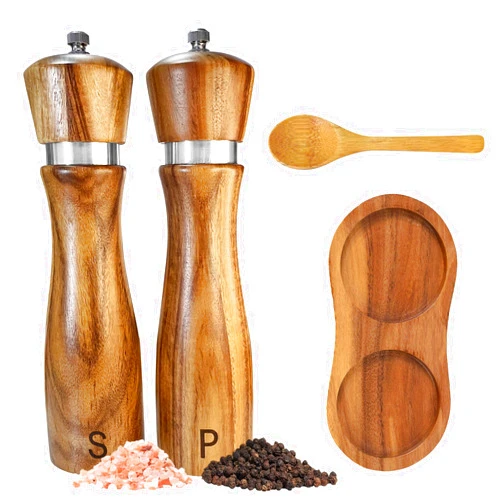 TanAndLin Wooden Salt and Pepper Grinder Set:Pepper Grinder Manual,Adjustable Coarseness,Crafted of Solid Acacia Wood with Ceramic/Stainless Steel Core|Along with Salt&Pepper Mill Tray,Spoon,8in,2pack