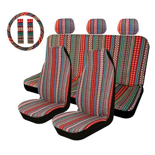 AOTOMIO 10PCS Boho Front and Rear Seat Covers Flower Style Blue Baja Blanket Car Seat Covers Ethnic Style Coarse Flax Cloth Hippie Full Covers Universal Fit