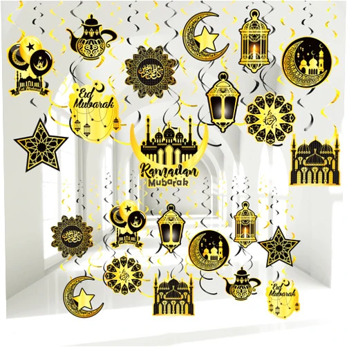 Zonon 30 Pieces Ramadan Mubarak Decorations, Eid Mubarak Hanging Swirl Shining Gold Star Moon Lantern Ceiling Foil Decor for Eid Al-fitr Party Egyptian Holiday Decorations Supplies (Black and Gold)