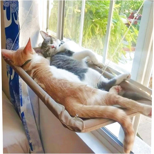 ANRODO Cat Window Perch, Cat Hammock Window Seat Bed, Space-Saving Window Seat for Large Cats, Washable and Removable Breathable Easy to Assemble-Khaki
