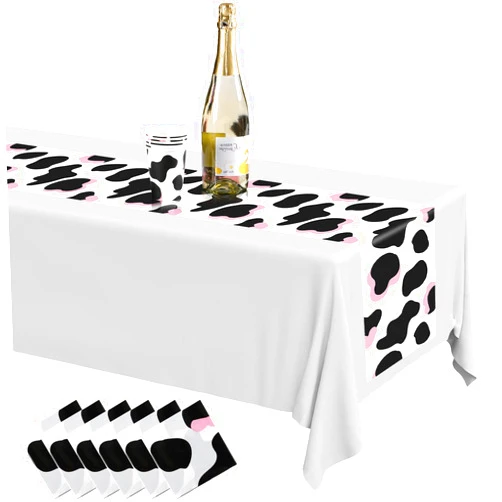Moukeren Pink Cowgirl Cow Table Runner Plastic Farm Animal Table Runner Black White Cow Table Runner for Birthday Western Cowgirl Cowboy Barnyard Themed Party Table Decorations, 14 x 108 Inch(6 Pcs)