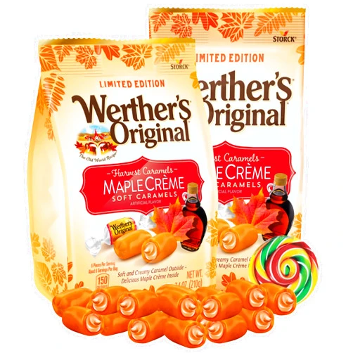 Needzo Werther's Original Limited Edition Harvest Soft Caramel Candies, Maple Crème Filled Chewy Candy, Sharable Size Bags, Pack of 2, 7.4 Ounces Each