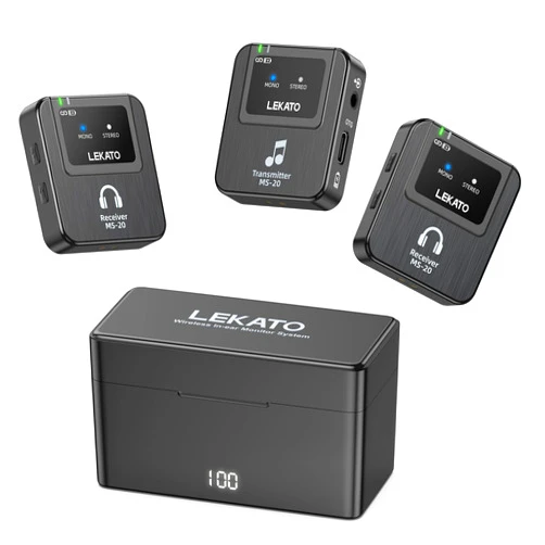 LEKATO Wireless in-Ear Monitor MS-20 Charging, 30H Battery Life with Box, 2.4G IEM System 1Transmitter 2 Receivers Auto-Pairing,OTG Support,One to More, in-Ear Monitoring for Studio,Live,Singer,Band