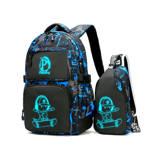 Pawsky Skateboard Anime Luminous Backpack School Backpack with USB Charging Port for Teen Boys, College School Bookbag Lightweight Laptop Bag with Sling Bag Set, Blue
