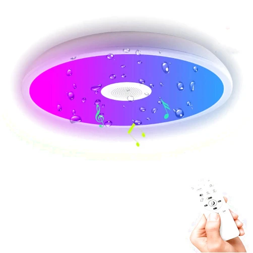 Sannelchel IP65 Waterproof and Dustproof Smart Music Light Fixture with Bluetooth Speaker for Bathroom, Dimmable RGB LED Surface Mount Ceiling Light,18W,11.02 Inch, 1600LM Color Changing 2700-6800k(Circular)