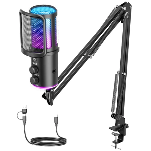 ONIKUMA GAMING Gaming USB Microphone, Noise Cancellation Condenser Mic with Mute,Boom Arm Mic-Reverb Adjustment, Monitoring for Streaming, Podcasting, Discord, YouTube,PC, Computer, PS4, PS5, Mac