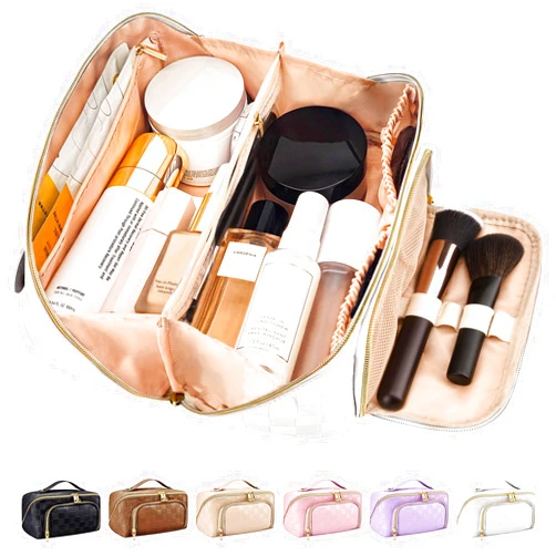 stona Travel Makeup Bag for Women, Large Capacity PU Leather Waterproof Checkered Cosmetic Bags, Portable Pouch Open Flat Toiletry Bag, Make up Organizer with Divider and Handle, White