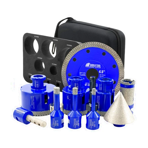 SHDIATOOL Diamond Drill Bits Kit - Core Bits Hole Saw Sets,Mould Guide for Drilling Porcelain Tile Marble Ceramic Granite with Hollow EVA Guide Jig 12pcs(6/8/10/35/50/65/10/25MM/2in/HEX+SDS+4.5in)