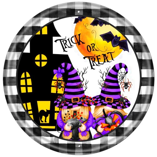 Kehkyie Trick or Treat Sign Halloween Witch Sign Gnome Sign Round for Wreaths Wall Decoration Bar Home Round 12X12 Inches