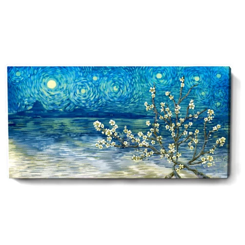 Amatop Large Wall Art for Living Room Modern Blue Framed Tree Canvas Print Floral Plum Blossom at Starry Night Landscape Wall Picture Flower Artwork Teal Lake Painting Home Bedroom Décor 48