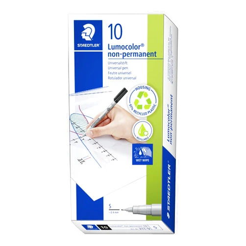 STAEDTLER Lumograph Non-Permanent Wet Erase Marker Pen, Extra Fine Tip, Low Odor Colored Markers, Black, 311-9