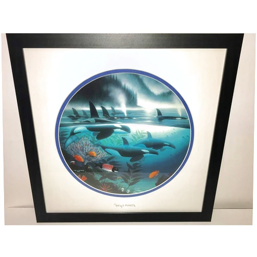 Generic by Wyland Double Matted Silver Foil Stamp Orca Whales Framed in Black