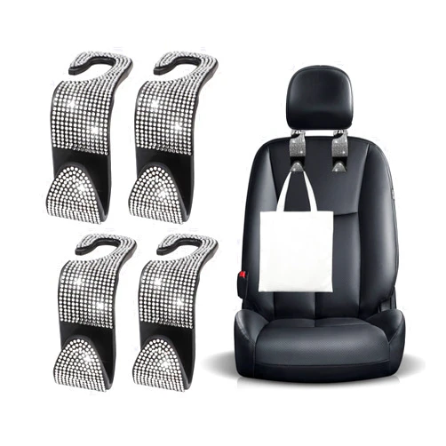 Ohleats 4 PCS Bling Car Seat Headrest Hooks, Crystal Rhinestone Back Seat Hanging Storage Organizer, Vehicle Seat Hanger Holder for Purse Handbag Coat, Interior Car Accessories (White)