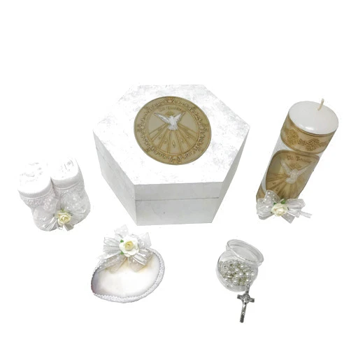 Arcángeles Mexicanos Catholic Baptism Kit in a Wooden Box with Towel, Candle, Rosary and Shell for Baby Boys and Girls. Handmade in Mexico Gift for Godparents. Holy Spirit Baptism Candle Set. Kit de Bautizo.