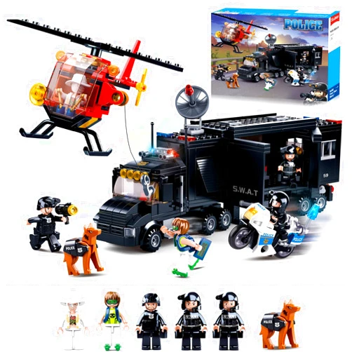 Sluban City Police Chase Building Set, SWAT Mobile Command Police Truck Building Toy with Helicopter & Police Motorcycle, Compatible with Lego City Police Station, Gift Toys for Boys Girls Aged 6+, 540 PCS