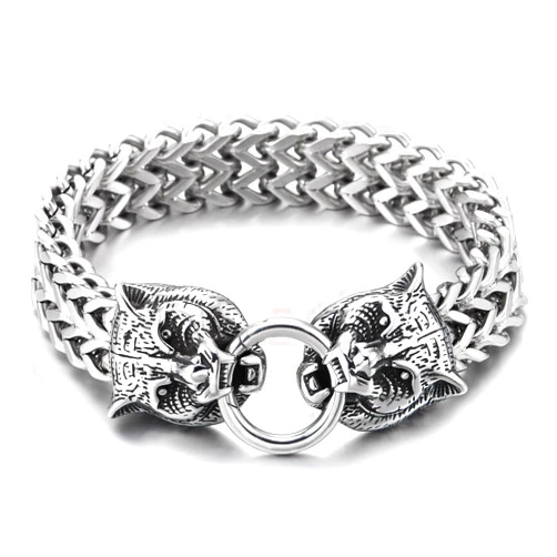 COOLSTEELANDBEYOND Mens Vintage Steel Tiger Head Bracelet, Square Franco Link Curb Chain Bracelet, Spring Ring Clasp