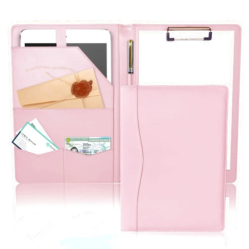 Drlmeio Padfolio Portfolio Binder, Leather Clipboard Folder Briefcase Loose-Leaf Binder with Cover A4 Pink Folder with Pockets Resume Folder for Business School Office Meeting Men Women's Business Folder