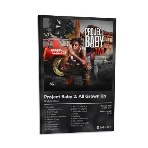 VTEVVBN Kodak Black - Project Baby 2 All Grown Up 2 Canvas Poster Bedroom Decoration Landscape Office Valentine's Birthday Gift Frame-style12x18inch(30x45cm)