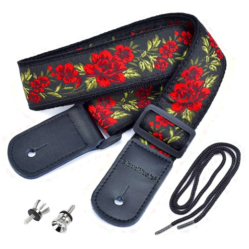 CLOUDMUSIC Tenor Concert Soprano Baritone Ukulele Strap Coloful Hawaii Floral Jacquard For Adult Size And Kids(Red Roses)