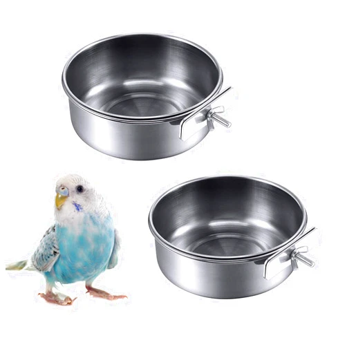 Kathson 2 Pack Bird Feeding Cups with Clamp Holder, Parrot Food & Water Cage Hanging Bowl Stainless Steel Coop Cup Dish Feeder for Parakeet Cockatiels Conure Budgies Lovebird Finch,Style A