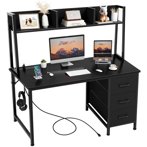 DLisiting Black Computer Desk with Hutch & Drawers - Office Desk with 3 Storage Drawers and Power Outlets, 47 Inch Modern Study Writing Desk for Bedroom Home Office